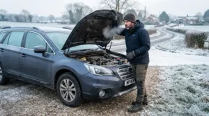 Winter car maintenance highlighting antifreeze concentrate vs premixed choices on a frosty morning