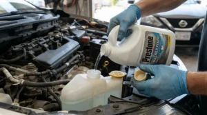 Mechanic performing a brake fluid DOT 4 change on a family hatchback vehicle in a British MOT centre