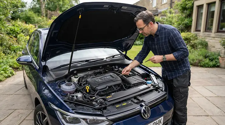 Routine vehicle check involving brake fluid DOT 4 for cars parked on a suburban driveway in England