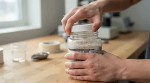 Careful sealing of a brake fluid DOT 4 container to demonstrate proper hygroscopic fluid handling