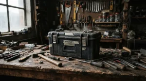 Bottle of brake fluid DOT 4 sitting on a workbench in a UK home garage next to a set of spanners