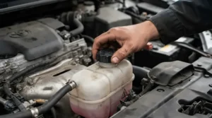 Unscrewing the master cylinder reservoir cap before topping up with brake fluid DOT 4