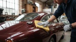 Buffing off residue during the final stages of applying ceramic coating for cars to a vintage British classic