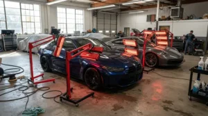 Allowing adequate curing time for ceramic coating for cars under infrared lamps in a professional detailing studio