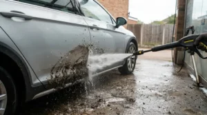 Showing the long-lasting durability of ceramic coating for cars by easily rinsing away winter road grime