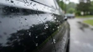 Demonstrating the hydrophobic properties of ceramic coating for cars as rainwater beads off a polished bonnet