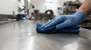 Liquid glass polymer application featured in a ceramic coating vs wax comparison in a well-lit workshop.