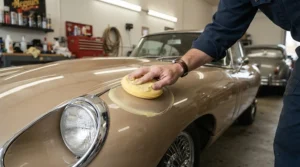 Applying traditional paste during a ceramic coating vs wax comparison on a classic British motor car.