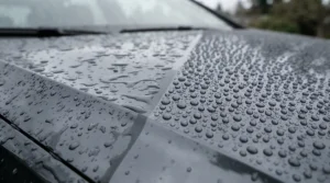 A visual ceramic coating vs wax comparison on a car bonnet during heavy British rainfall, showing water behaviour.