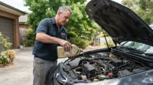 Comprehensive coolant and antifreeze for cars guide showing a motorist checking fluids on a driveway