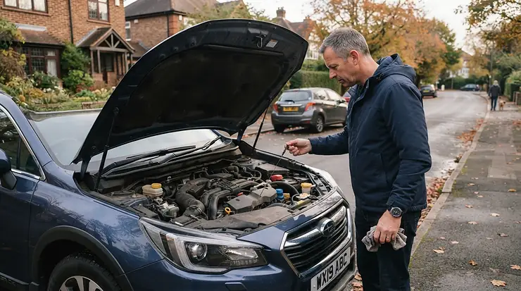 Routine vehicle maintenance checking coolant and antifreeze for cars levels before a long journey