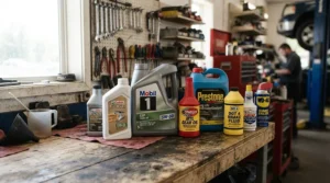 Top-rated coolant and antifreeze for cars selection on a garage workbench ready for maintenance
