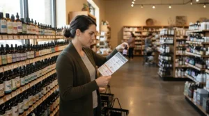 A motorist reading an engine oil for cars buying guide next to a selection of bottles in a shop