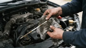 Checking the dipstick to inspect engine oil for cars levels before a long motorway journey