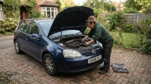 A DIY enthusiast topping up engine oil for cars in a residential driveway garage