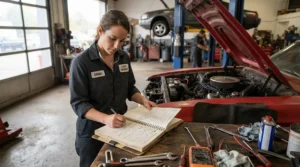 A mechanic checking mileage logs to determine oil change intervals for engine oil for cars