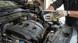 Pouring engine oil for high mileage cars into an older saloon vehicle on a driveway in Manchester
