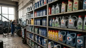 A mechanic selecting engine oil for high mileage cars at an independent service workshop in London