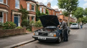 Checking engine oil for high mileage cars parked along a traditional Victorian terraced street in Leeds