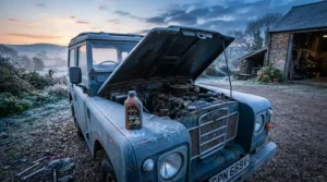 Preparing to top up engine oil for high mileage cars on a frosty morning in Edinburgh