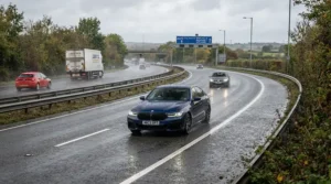 A clear synthetic vs semi-synthetic engine oil comparison showing motorway driving conditions in the UK.
