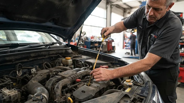 A motorist checking transmission fluid for automatic cars using a dipstick under a car bonnet.
