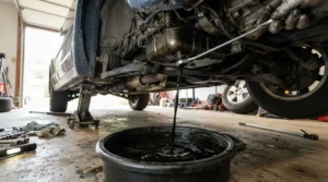 Draining old dark transmission fluid for automatic cars into a low-profile waste pan.
