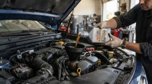 Pouring fresh transmission fluid for automatic cars into the filler neck using a clean funnel.