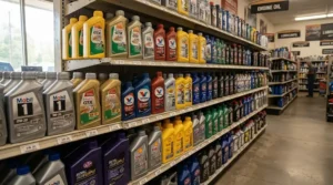 Browsing different bottles of transmission fluid for automatic cars arranged on a motor factor shelf.
