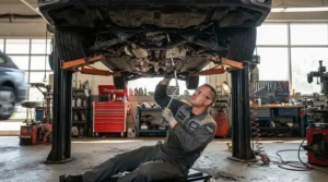 A vehicle raised on a ramp during a complete transmission fluid for automatic cars replacement procedure.