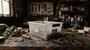 A 5L bottle of value engine oil under £20 sitting on a workbench in a home garage.