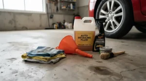 A budget car maintenance kit featuring value engine oil under £20 and a funnel.