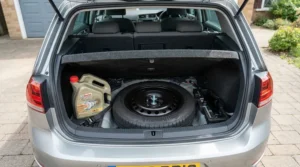 A spare container of value engine oil under £20 stored securely in a car boot.