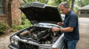 A driver checking oil levels with a dipstick after using value engine oil under £20.