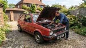 Servicing an older hatchback using value engine oil under £20 on a suburban driveway.